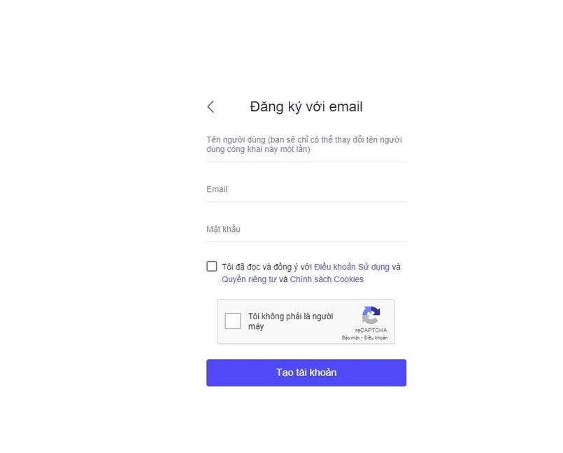 Tạo tài khoản bằng Email