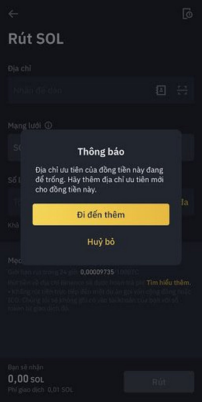 Click vào "Đi đến thêm" và "Thêm địa chỉ rút".