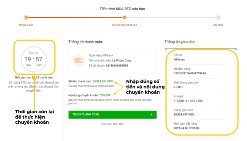 Click vào "Tôi đã thanh toán"