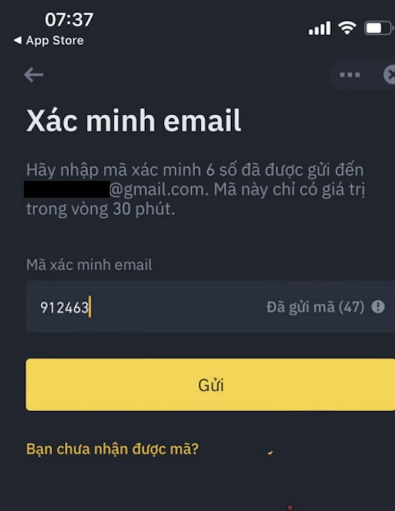 Mã xác minh được gửi vào Email đã đăng ký