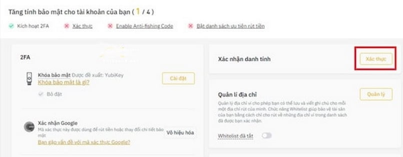 Giao diện tăng tính bảo mật của tài khoản Binance