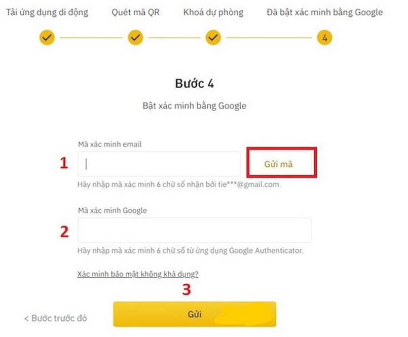 Tiến hành nhập mã xác nhận từ cả Google và email 