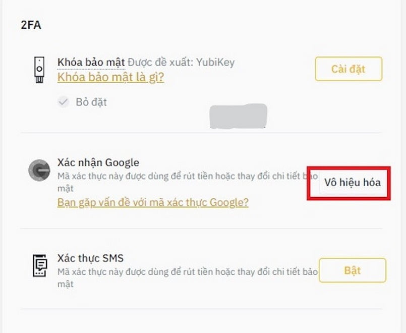 Hiện vô hiệu hóa ở phần xác nhận Google