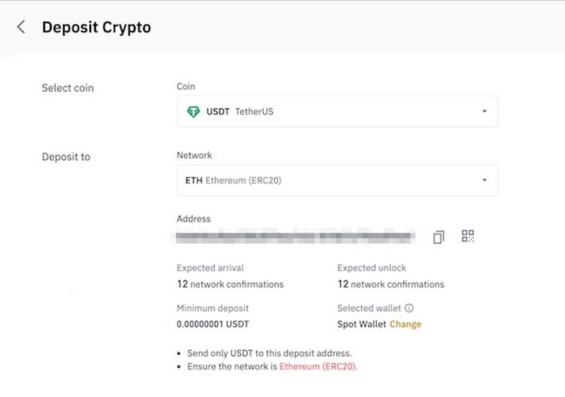 Một ví dụ cụ thể về mạng lưới để nạp tiền giao dịch tại Binance