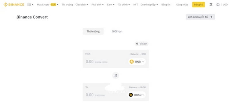 Màn hình  giao diện của Binance Convert